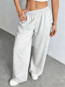 Women's Straight Leg Casual Sweatpants, Fashionable Minimalist Elastic Waist With Side Pockets Sports - Light Grey - View 2