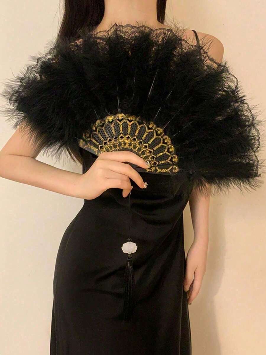 1pc 1920s Vintage Folding Hand Fan Flapper Style Suitable For Costume Party Performance, Tea Party, Wedding Decoration - Black - View 1