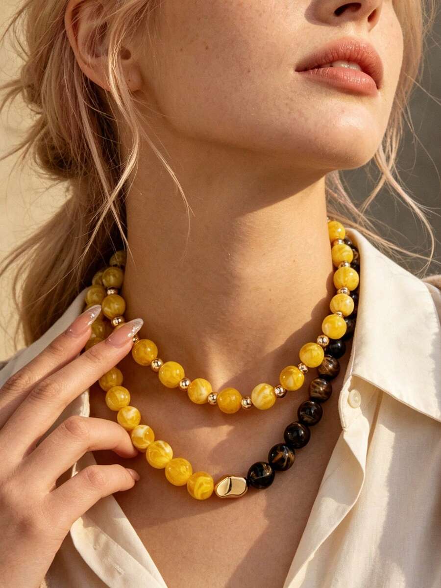 OABE 2pcs/Set Bohemian Style Yellow And Brown Spherical Beaded Necklace, Dual-Color Contrast Design, Layering Style, Suitable For Women's Daily Wear - Multicolor - View 1
