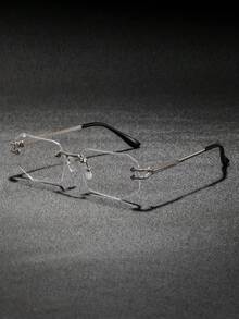 1 Pair Men's Rimless Rhinestone Metal Polygon Plain Lens Glasses, Cool Elegant Low-Key Intelligent Fashionable Men's Eyewear, Suitable For Meetings, Business Travel, High-End Banquets - Clear - View 9