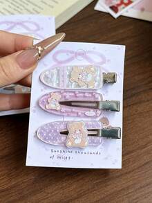 3pcs Floral Cute Bear Seamless Hair Clips, Cartoon Sweet Hair Accessories For Girls, New Seamless Side Clips - Multicolor - View 6