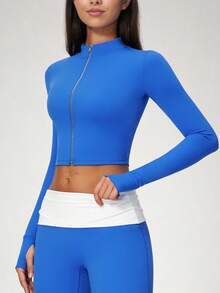 NcmRyu Women's 1pc Solid Color Stand Collar Zip-Up Thumbhole Cuff Short Jacket Coat, Autumn/Winter - Blue - View 10