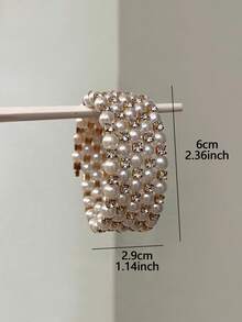 1pc Elegant Glamorous Full Rhinestone & Faux Pearl Bracelet, Suitable For Women's Banquet, Party And Daily Wear - Yellow Gold - View 3