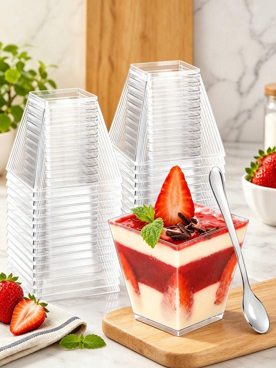 100/50/25/5pcs Mini Dessert Cups 2oz/60ml Clear Mousse Cups, Reusable & Stackable, Suitable For Home Baking, Party Gatherings, Dessert Table, Applicable For Pudding, Mousse, Yogurt, Tiramisu - Transparent - View 1