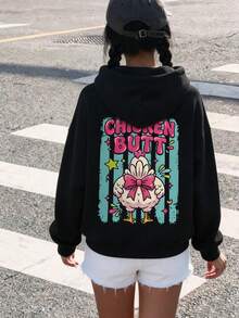 Teenage Girls Pullover Sweatshirt, Funny Chicken Butt Vintage Striped Back Print, Casual Daily Top For Autumn/Winter - Black - View 7