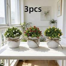 1pc/3PCS (Red+White+Yellow) Artificial Evergreen Mini Potted Plant, Faux Ceramic Pot With Bow, Non-Fading, Easy Care, Suitable For Easter, St. Patrick's Day, New Year, Valentine's Day Home, Restaurant, Desktop, Window Sill, Bookshelf Decor - Artificial Potted Plant - View 9