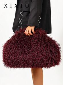 Dedoo Women Cloud Clutch Bag,Plain Long Curly Faux Fur,Magnetic Closure,Portable,Avant-Garde Y2K Style,For Party & Date,Autumn/Winter Women Style - Burgundy - View 7