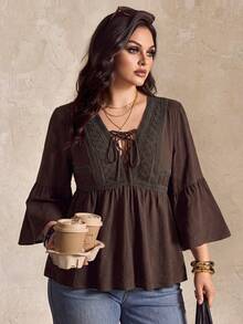 Rusttydustty Women's Plus Size Brown V-Neck Tie Lace Patchwork Bohemian Vacation Style Top, Suitable For Autumn/Winter, Halloween Outfit - Brown - View 2