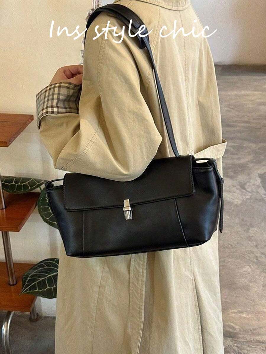 Shoulder Bag Minimalist Flap Baguette Underarm Bag, Metal Lock Closure, Clean Stitching Design, Wide Adjustable Strap, Horizontal Long Shape, Can Store Daily Essentials, Suitable For Commuting, Dating, Shopping, Elegant Women's Bag Creating High-End Everyday Look - Black - View 1