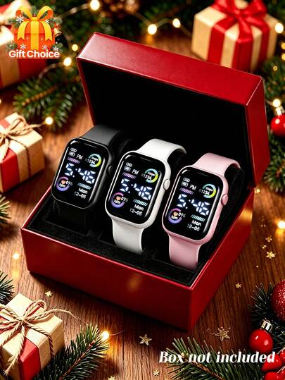 3Pcs Boys Girls LED Digital Display Electronic Watch, Fashionable Style, Black White Pink Color Scheme, Comfortable To Wear, Perfect For Daily Wear And Gift Choice (Gift Box Not Included)