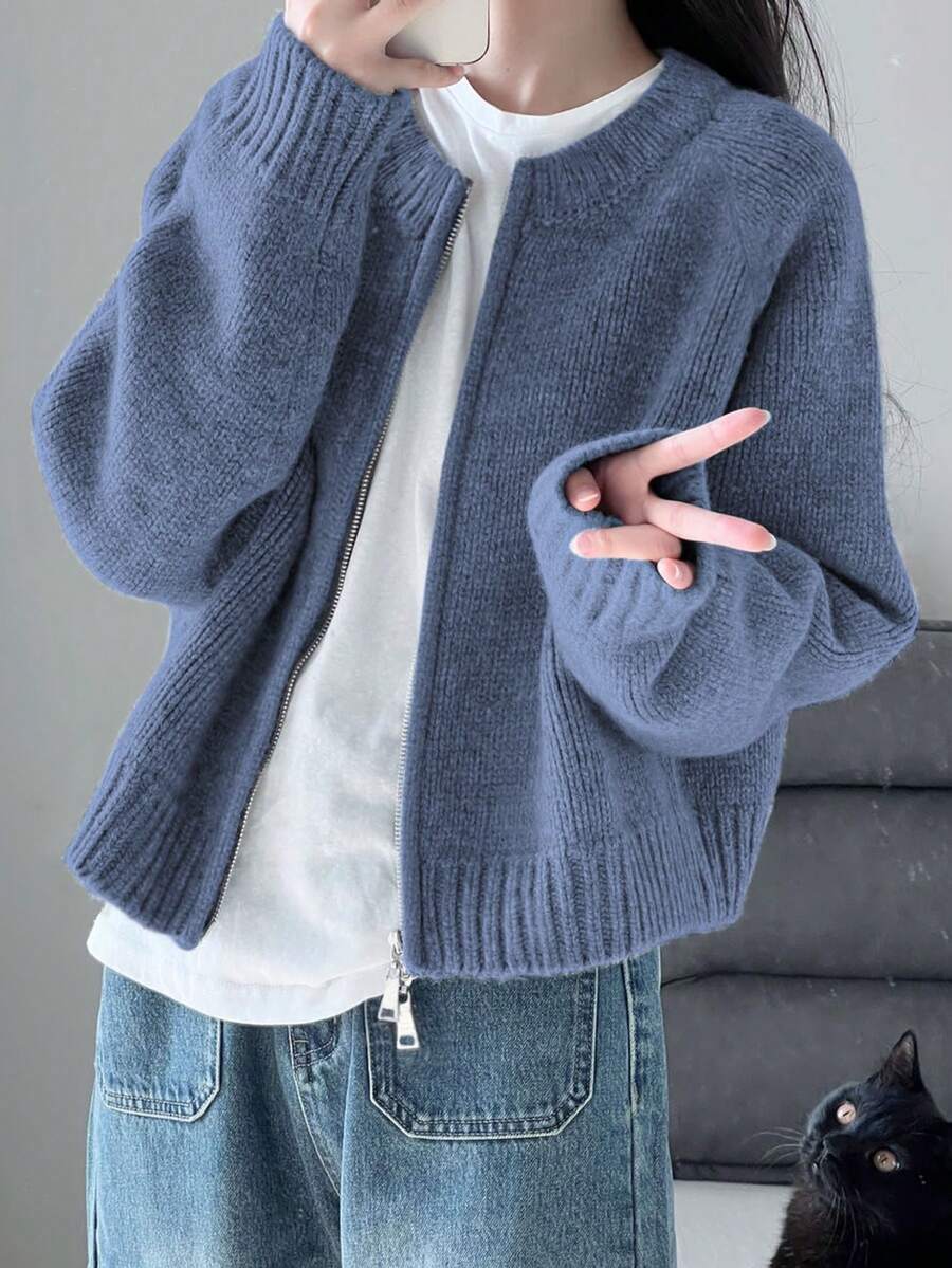 女款冬季必備厚實素色雙拉鍊開襟針織外套,休閒風格,適合秋冬返校季 - 霧藍色 - 查看 1