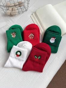 5 Pairs Christmas Embroidered Crew Socks, Cute Cartoon Holiday Design, Comfortable Festive Gift, Perfect For Christmas Season - Multicolor - View 2