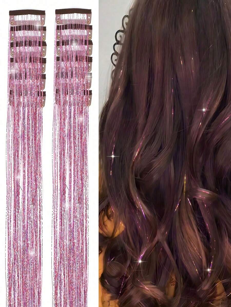 2/4/8/12pcs Hair Tinsel Shiny Hair Clips,Sequin Hair Accessories Clip-In Hair Extensions Set, Heat Resistant Glitter Fairy Hair Clips,For Women (Pink) - Multicolor - View 1
