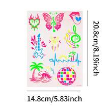 3 Sheets UV Neon Glow Temporary Tattoo Stickers, Colorful Music Butterfly Disco Pattern Fluorescent Body Face Stickers, UV Light Reactive Tattoos For Rave Festival, Carnival, Club Party, Halloween Body Decorations - Multicolor - View 10
