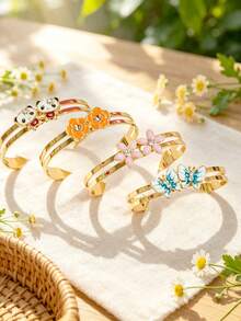 Set Of 4pcs Cute Animal & Flower Bracelets, Best Friend Hand-In-Hand Panda, Butterfly Bracelet, Sunflower Design, Daily Wear, Gift For Sisters & Besties - Gold - View 3