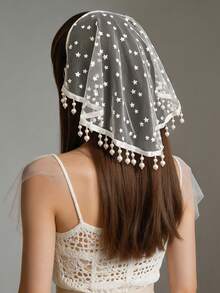 1PC French Retro Off-White Star-Patterned Mesh Headband, Beaded Tassel-Edged Hair Accessory, Festive Party Headpiece - Off White - View 3