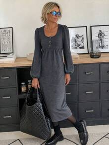 Women's Casual Dark Gray Autumn/Winter Mid-Length Dress, Square Neck Long Sleeve Henley Button Ribbed Knit Dress, Suitable For Daily Wear, Halloween, Christmas Party - Dark Grey - View 3