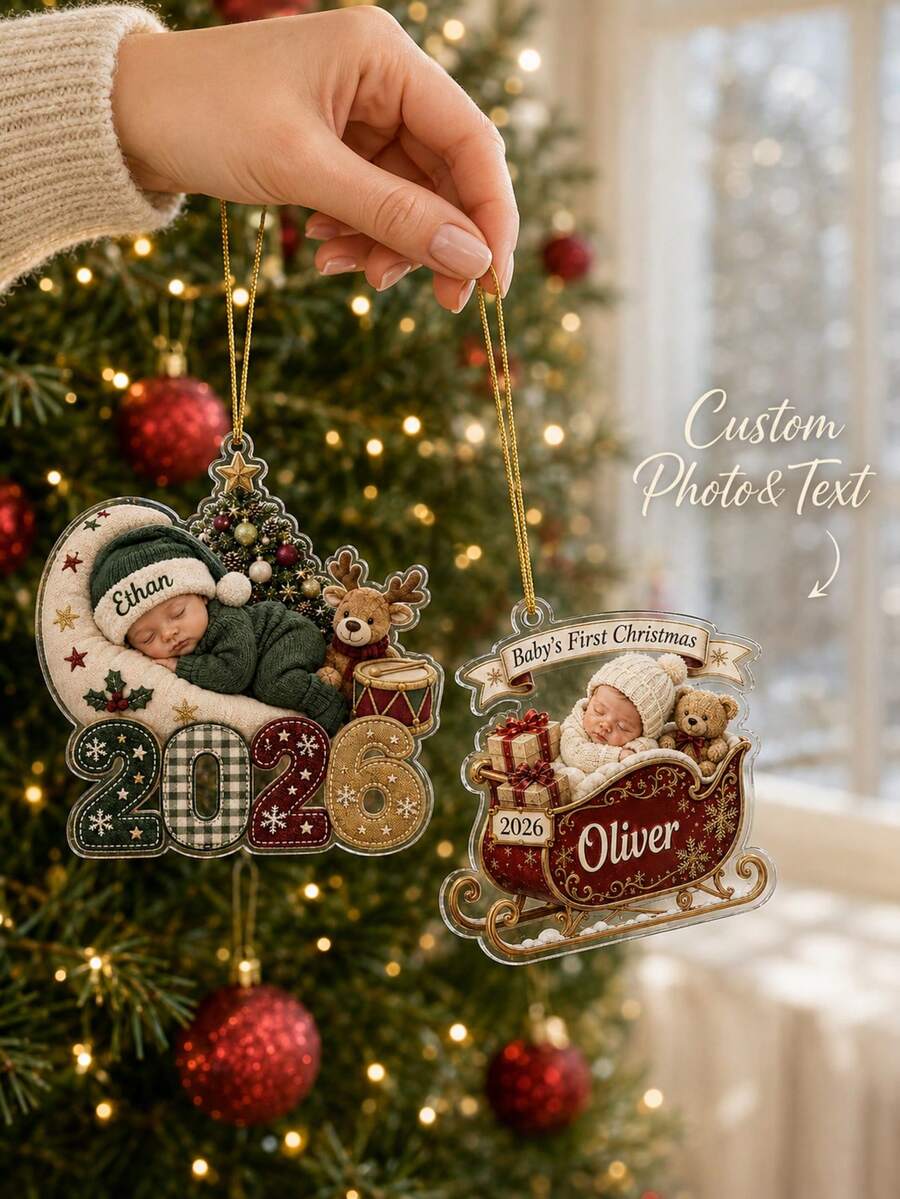Custom Photo Name Baby's First Christmas Ornament,Personalized Sleigh Moon Acrylic Ornament,Newborn Baby Keepsake,Xmas Tree Decor 2026,Christmas Gift - Dark Red - View 1