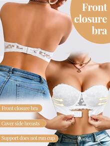 Lace Bandeau Non-Slip Underwire Push-Up Bra, Front Closure Design, Suitable For Small Bust, Comes With Invisible Straps, Multi-Wear - White - View 5