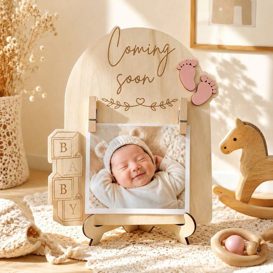 1pc Baby Ultrasound Photo Wooden Display Stand Ultrasound Photo Frame Decor Pregnancy Announcement Wooden Plaque - Multicolor - View 1