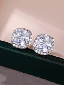 1 Pair Minimalist Versatile Luxury Geometric Square Stud Earrings With Cubic Zirconia, Suitable For Women's Daily Wear - Platinum White - View 3