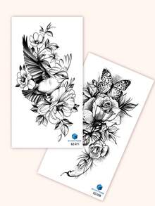 2PCS Artistic Floral Bird Butterfly Pattern Party Gift Holiday Gift DIY Music Festival Temporary Tattoo Stickers For Arm Waist Abdomen Leg Waterproof Body Skin Tattoo Stickers - Black - View 5