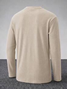 Men's Solid Color Waffle Knit Henley Long Sleeve T-Shirt, Double-Breasted Placket Slim Fit Ribbed Texture Casual Top, Suitable For Spring And Autumn - Apricot - View 6