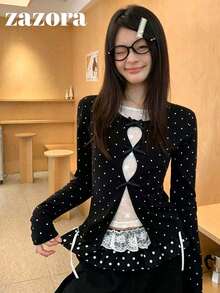 Black & White Polka Dot 2 In 1 Long Sleeve T-Shirt, Slim Fit Inner Layer With Lace Patchwork Design Top - Black and White - View 7