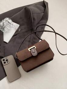 1pc Suede Mini Crossbody Bag For Women, 2026 Autumn Crocodile Embossed Fashion Shoulder Bag, Solid Color Small Square Bag - Coffee - View 2