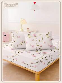 2/3 Piece Soft Fitted Sheet Set - Floral Bed Sheet Set With 1/2 Pillowcases And 1 30cm/12in Thick Mattress Protector, Suitable For All Bed Sizes Twin/Full/Queen/King/Small - Pink - View 1