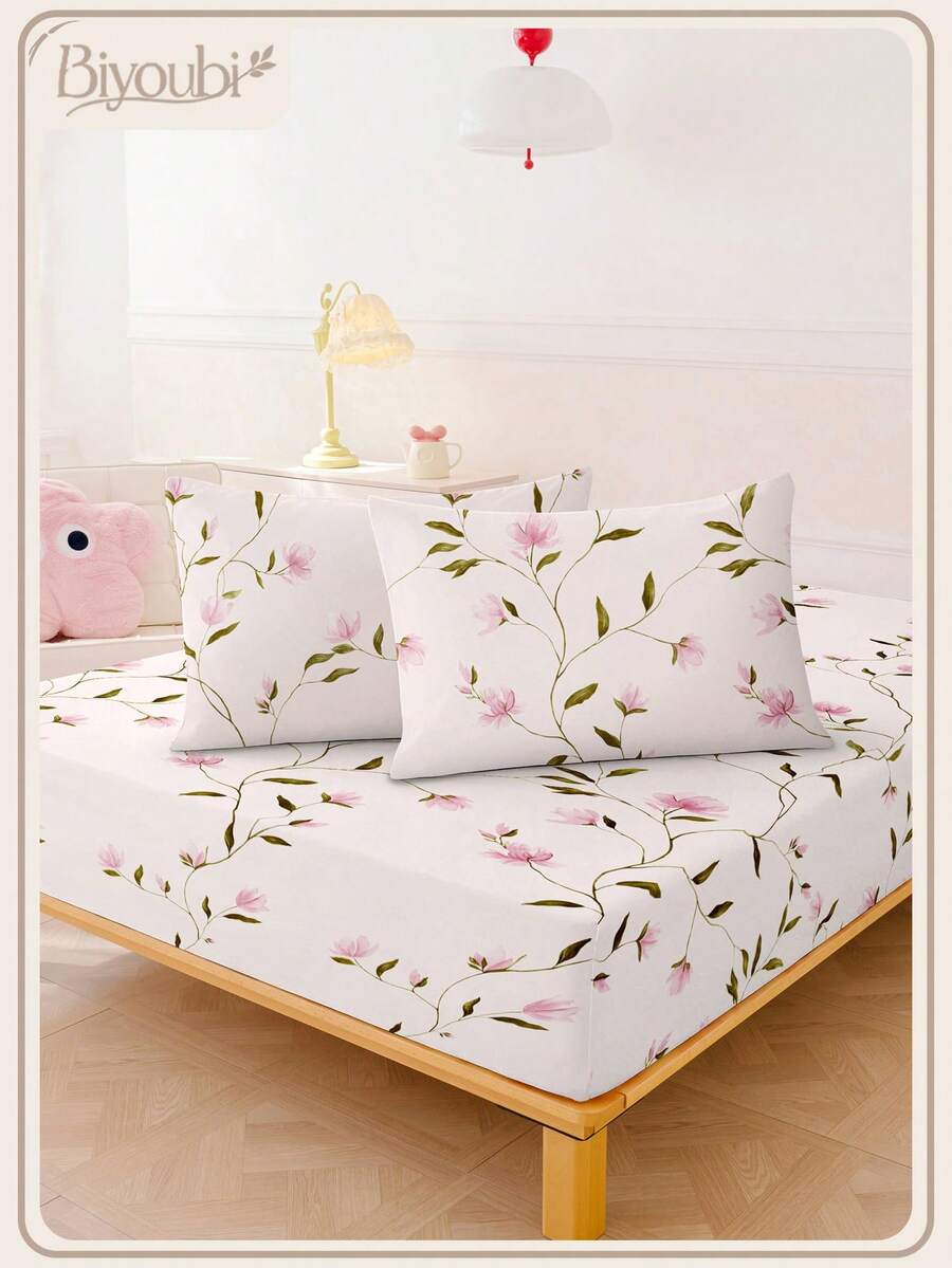 2/3 Piece Soft Fitted Sheet Set - Floral Bed Sheet Set With 1/2 Pillowcases And 1 30cm/12in Thick Mattress Protector, Suitable For All Bed Sizes Twin/Full/Queen/King/Small - Pink - View 1