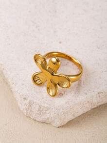 1pc Vintage Artistic Style Stainless Steel Gold Ring, 3D Flower Open Design, Suitable For Women's Daily, Holiday, Date, Engagement, Wedding, Saudi National Day, Halloween - Gold - View 4