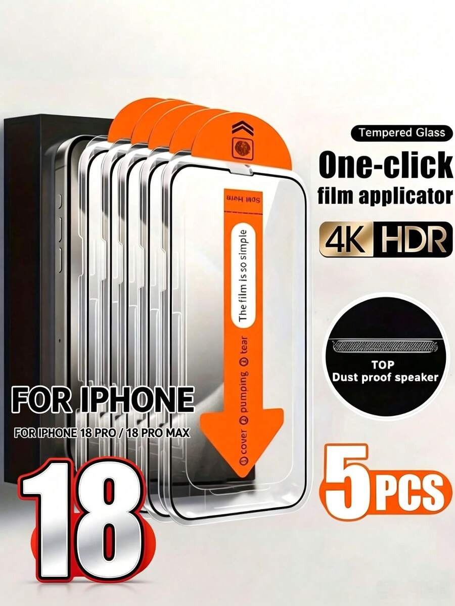 Yezodawee 5pcs Ultra Clear Tempered Glass Screen Protector, Compatible With IPhone 17/17 Air/15 Pro Max/16 Pro Max/16/15/14/13/12/11/Plus/Mini/XS Max/XR/X, One-Touch Application, 9H+ Tempered Glass Film, Anti-Fingerprint, Full Coverage, Compatible With Phone Cases - Clear - View 1