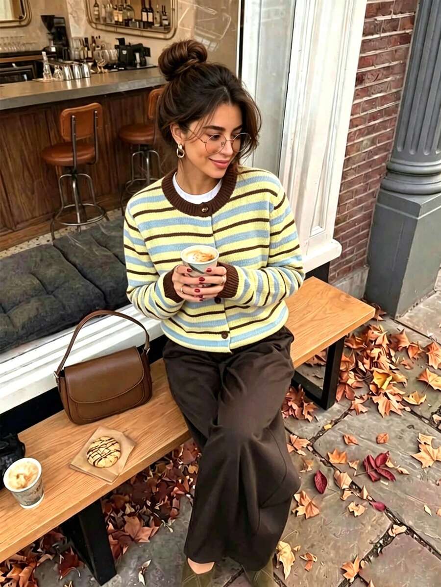 Cardigan Rajut Bergaris Blok Warna Retro Musim Gugur/Dingin untuk Wanita, Cardigan Bergaris Kuning dan Biru untuk Perjalanan Sehari-hari, Atasan Rajut Warna Melange, Pakaian Halloween - MultiWarna - View 1