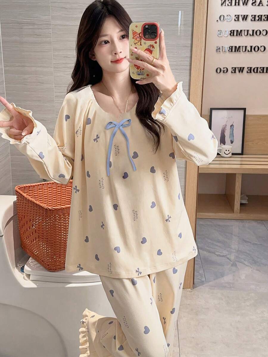 2pcs/Set Women's Autumn/Winter Pajamas, French Country Princess Style, Comfortable Breathable Loose Long Sleeve Long Pants, Spring/Autumn Floral Heart Print Loungewear Set, Fall Clothes For Women - Apricot - View 1