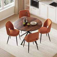 Folding Dining Table And Chairs Set Of 4, Easy Clean Round Dining Table With Padded Chairs Durable Dining Furniture Set Suitable For Dining Room And Kitchen - Brown Table + Orange Chair - View 1