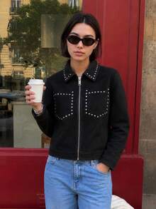 Women's Fashion Black Faux Suede Jacket, Rivet Collar, Front Zipper Closure, Rivet Pocket Trim, Autumn Outdoor Coat - Black - View 1