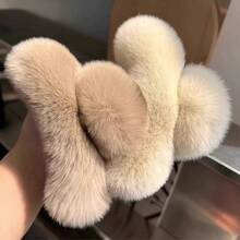 1pc Premium Plush Hair Claw Clip, Fuzzy Hair Claw For Women, Back Of Head Updo Hair Accessory, Autumn Winter - Multicolor - View 1