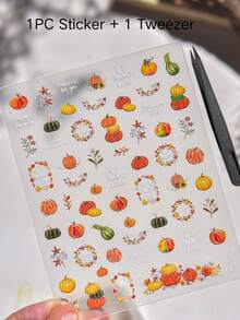 1pc Autumn Pumpkin Floral Leaf Pattern Decorative Sticker, Wreath & Text Element Combination, Comes With Tweezers, Vintage Autumn Vibe Decorative Patch, Suitable For IPad, Phone, Laptop, Earphones And More - Pumpkin Style - View 8