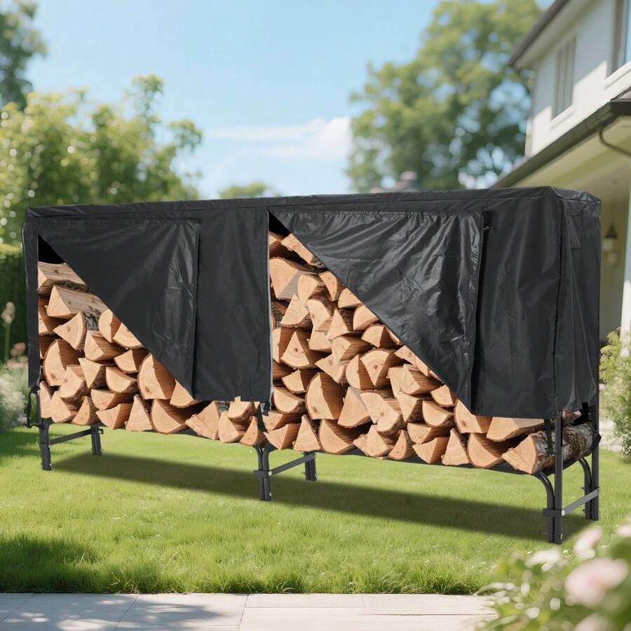 Estante para Leña Resistente para Interiores y Exteriores, Soporte de Acero con Funda Impermeable y Cremallera Protectora Incluida, Ideal para Chimenea, Patio y Jardín, Color Negro - Negro - Ver 1