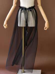 1PC Detachable Black Tulle Overlay Skirt, Ruffle Waist Satin Bow Tie‑On Halloween Cosplay Apron - Black - View 6