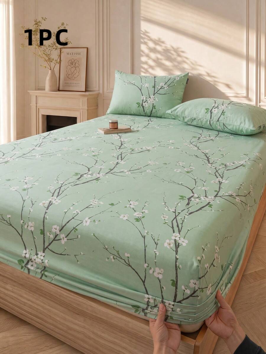 1pc Green Plum Blossom Pattern Fitted Sheet, Mattress Protector, Mattress Cover, Fitted Sheet, Soft And Breathable, Fits All Bed Sizes - Twin, Full, Queen, King, Deep Pocket Up To 11.8 Inches, Machine Washable. Back To School Dorm Essential - Pastel Green - View 1
