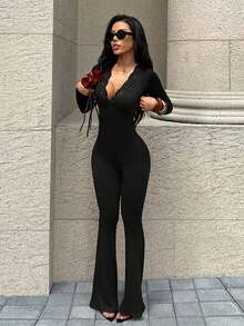 Autumn Black Lace V-Neck Long-Sleeve Jumpsuit, Casual And Elegant, For Dates, Parties, Homecoming Dances, And Streetwear - Black - View 3