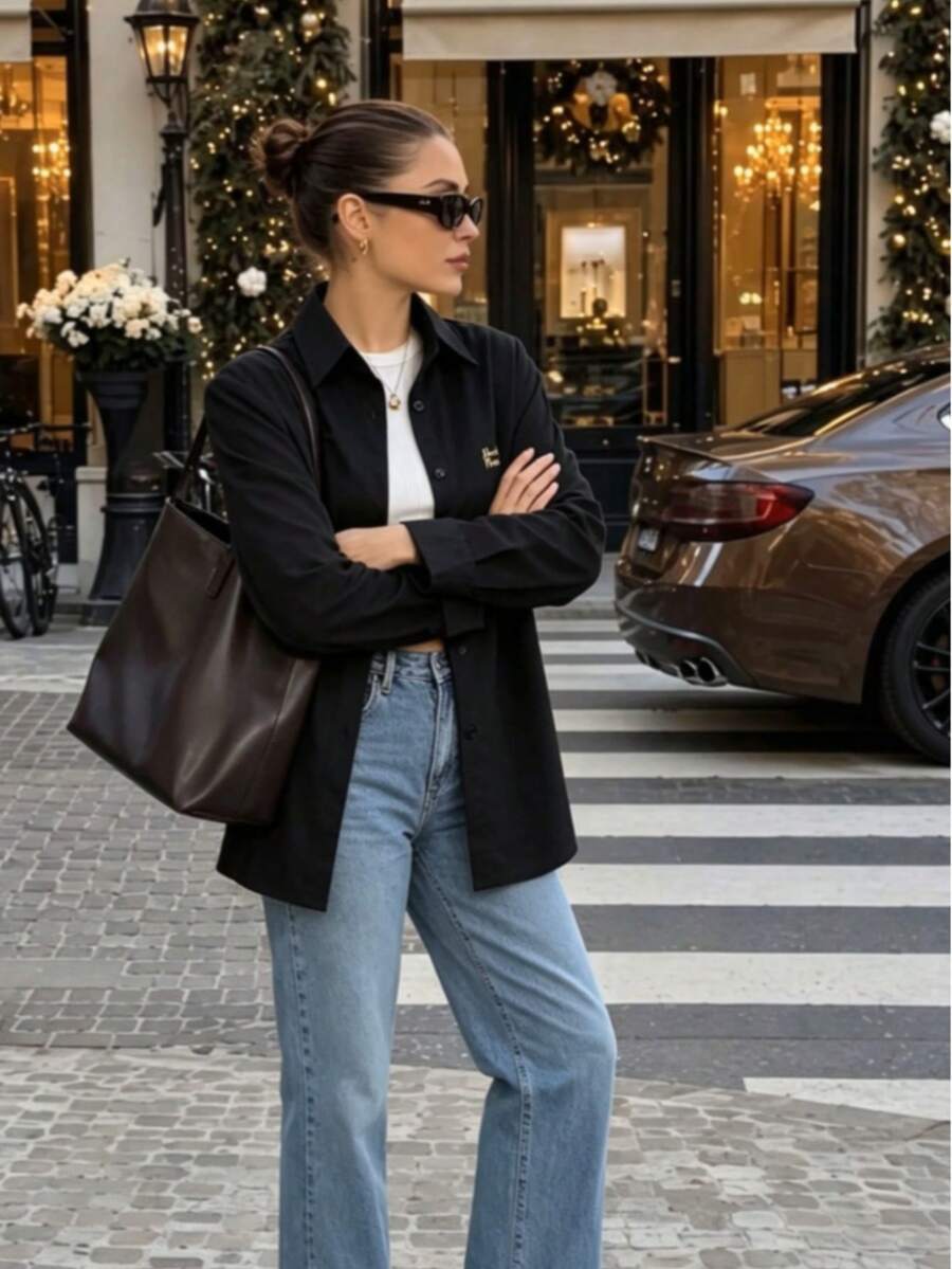 Women's Embroidered Solid Color Long Sleeve Blouse, Minimalist & Fashionable Casual Black Spring - Black - View 1