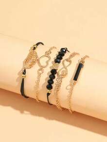 5pcs Women's Gold Bracelet Set, Heart, Infinity Symbol, Leaf & Black Bead Layered Design, Adjustable Fashion Jewelry - Gold - View 4