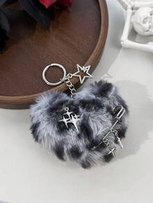 1pc Sweet & Cool Girl Style Heart Plush Bag Charm, Leopard Print Faux Fur Fabric, Starburst Cross Metal Pin Accessory, Daily Commute Outfit Bag & Key Pendant - Multicolor - View 10