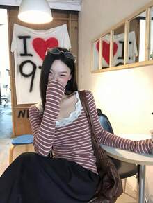 女款長袖底層T恤 2026春季新款 黑色條紋蕾絲修身設計上衣 - 粉色 - 查看 3