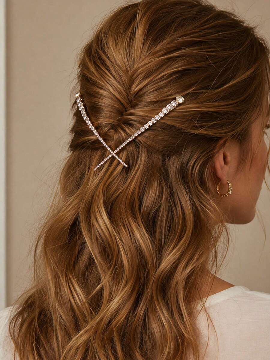 STONEFANS 1 buah Bando Silang Berbentuk V Desain Unik Aksesori Rambut Mewah dengan Hiasan Berlian Imitasi Hiasan Rambut Sanggul Pengantin Elegan untuk Pernikahan - Perak - View 1