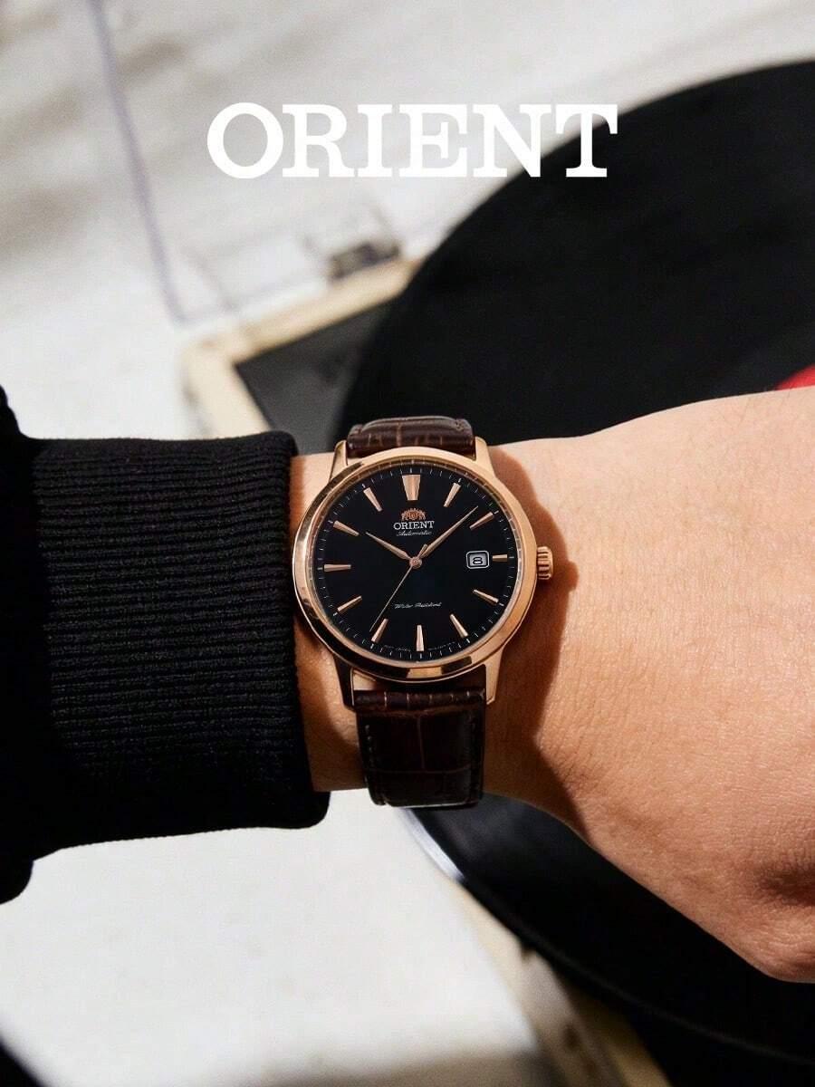 Orient Men's Rose Gold Round Automatic Mechanical Watch, Pure Black Radial Dial, Crocodile Grain Dark Brown Leather Strap, Low-Key Business Style - Black - View 1
