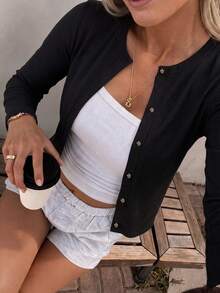 Plus Size Women's Solid Color Long Sleeve Single-Breasted Casual Top - Black - View 4